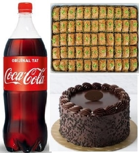 Evde Kutlama Seti Çikolatalı Pasta Baklava ve Soğuk Cola pasta
